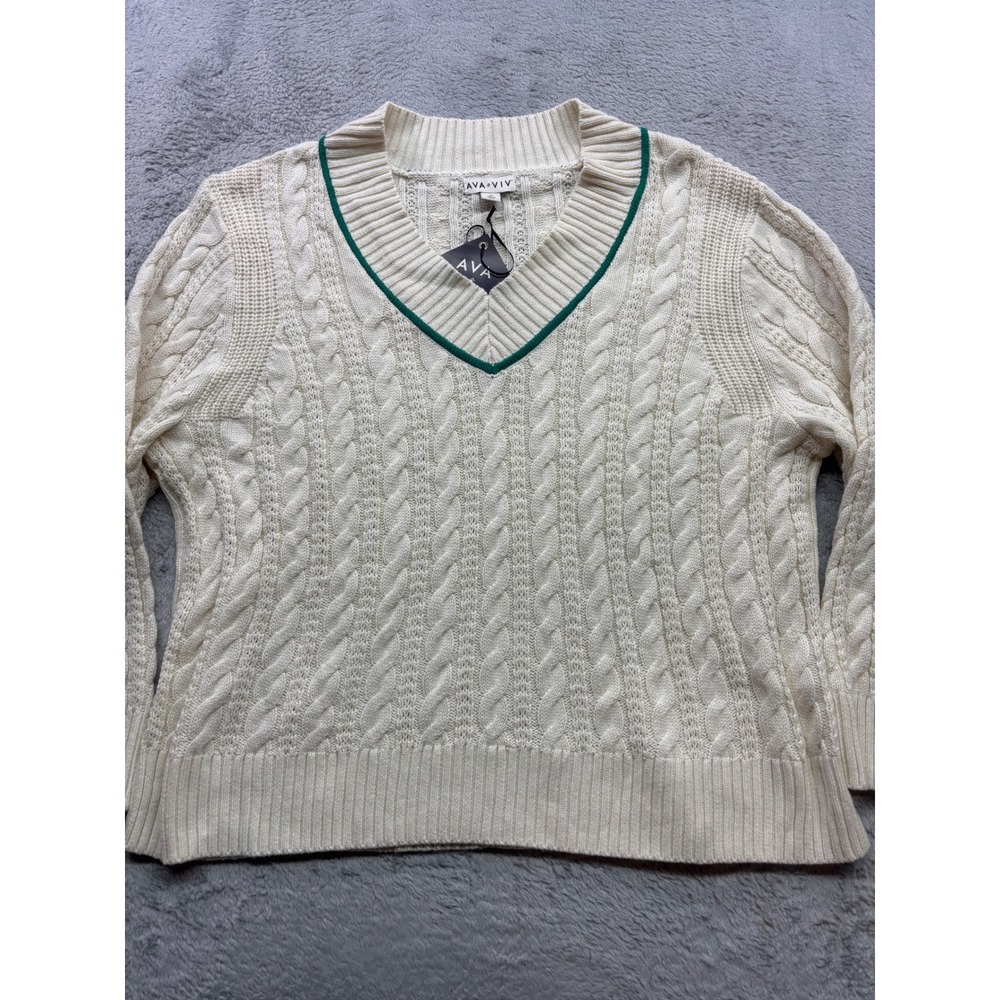 Ava & Viv Womens 2X Cream Cable Knit Green Tipped V-Neck Sweater New